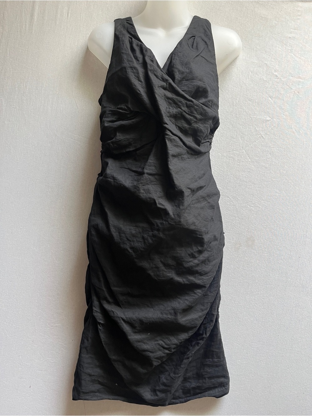Eileen Fisher Sleeveless Black Cotton Silk Blend Ruched Wrap Dress Sz 8